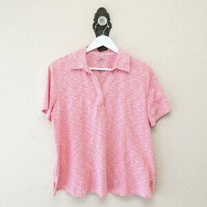 St Johns Bay Womens Large Pink Stripe Polo Top 100% Cotton Casual Preppy